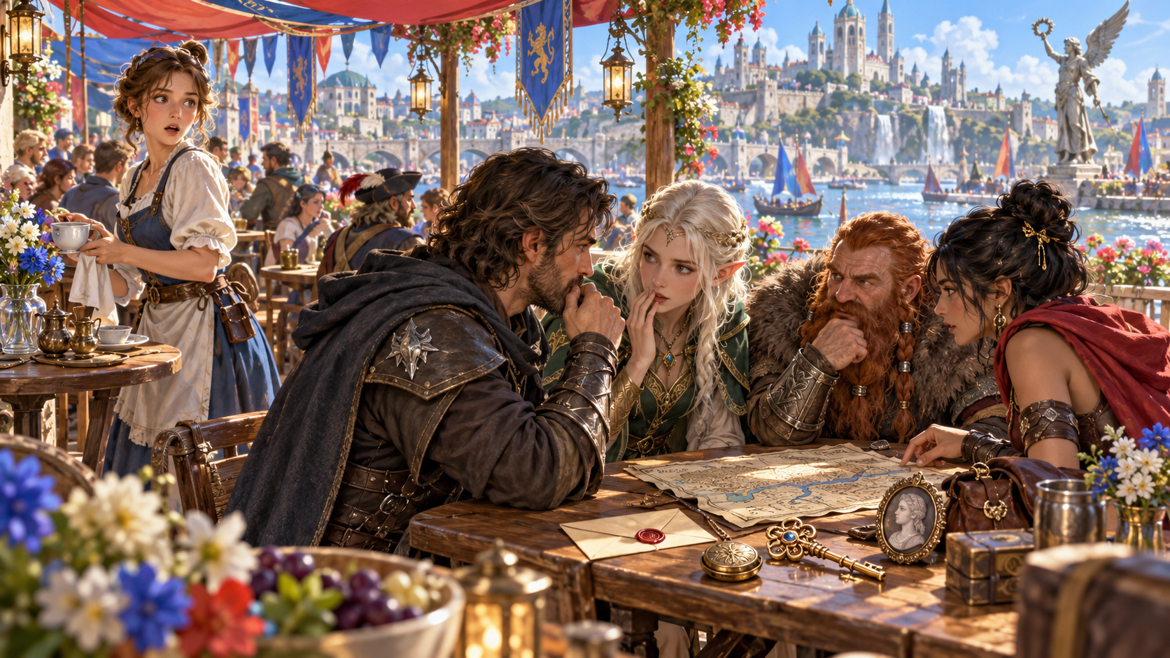 White-aproned server glances back at companions talking around a map envelope keys locket and treasure chest on a harbour terrace