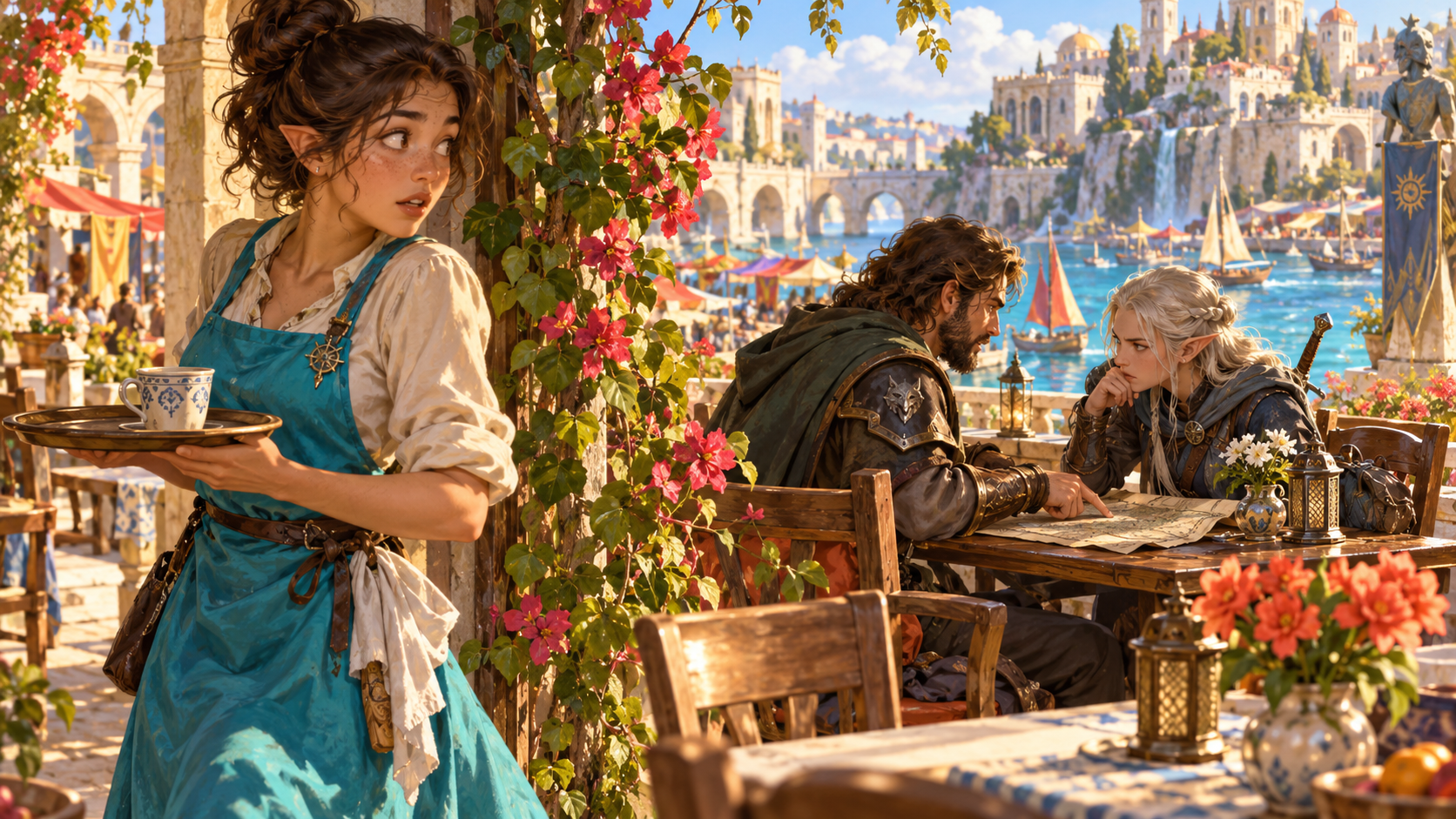 Blue-aproned server carrying a tray glances back at two companions talking over a map beside a harbour
